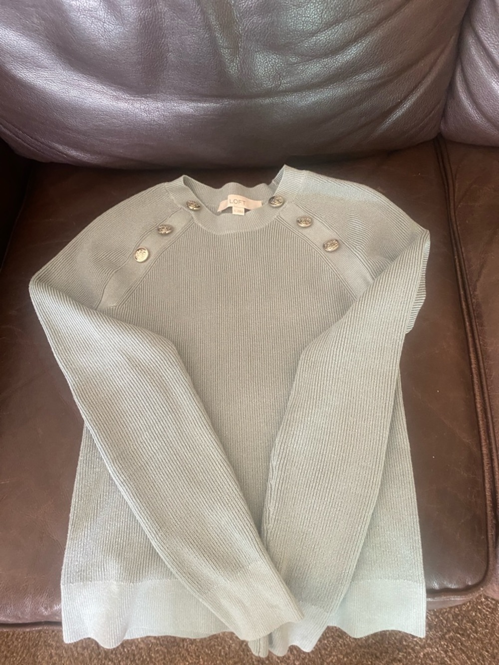 LOFT Light Sage Green Crewneck Sweater with Shoulder Buttons
